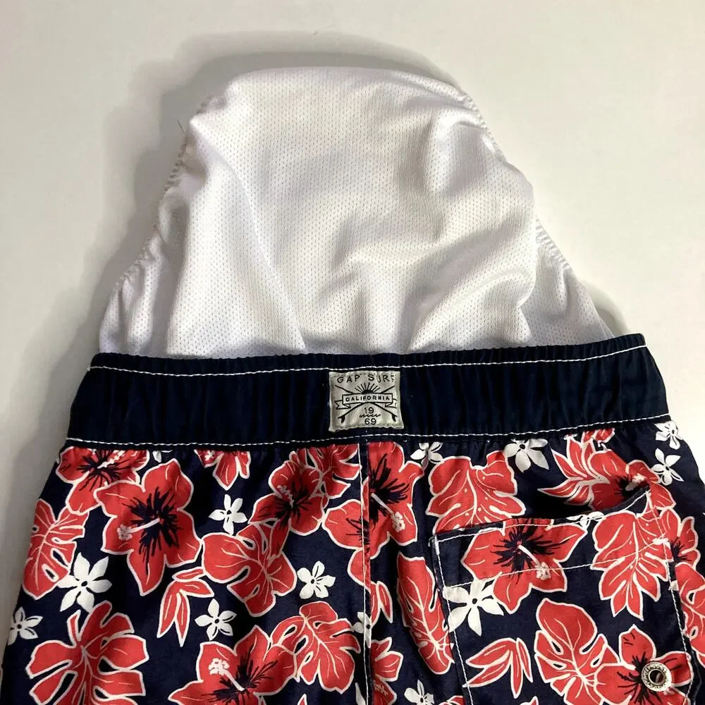 Gap Kids Tropical Hibiscus Swim Trunks - Navy Blue White Red - Small 6/7